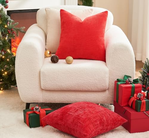 Pack of 4 Christmas Red Pillow Covers 18x18 Inch Chenille Throw Pillow Covers Solid Decorative Soft Xmas Cushion Covers Home Boho Textured Decor for Couch Sofa Bed Living Room - color: Red, size: 18" x 18" (Pack of 4)
