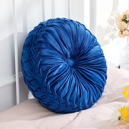 Drydiet 1 Pcs Round Throw Velvet Pillows Decorative Pleated Throw Pillows Diameter Accent Pumpkin Boho Chair Cushion for Couch Sofa Home Decoration (Royal Blue,15'') - color: Royal Blue, size: 15''