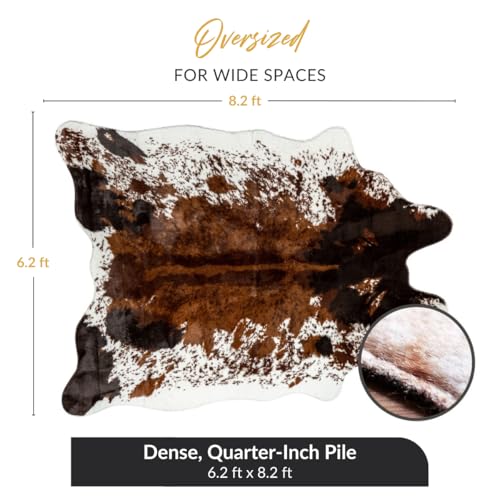 NativeSkins Faux Cowhide Rug 6'3" x 8'2" – Brown Cow Print Area Rug for Living Room & Bedroom – Non-Shedding, Flat-Lay, Pet-Friendly – Faux Suede Grip Backing – Vegan Western Farmhouse Decor - size: 6'3" x 8'2" (X-Large)