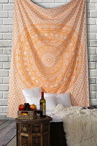 RAJRANG Elephant Mandala Tapestry Cotton Wall Hanging Hippy Tapestries Hippie Beach Throw College Dorm Decor Bohemian Boho Bed sheet - Orange - 84 x 54 Inches - color: Buff orange, size: 84"L x 54"W