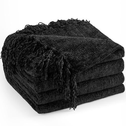 Chenille Throw Blanket for Couch 60"X 80" Twin, Soft Cozy Throws with Fringe Tassel for Bed Sofa Chair Cover, Lightweight Knitted Decorative Boho Blankets for Living Room, Black - color: Black, size: 60x80 inch
