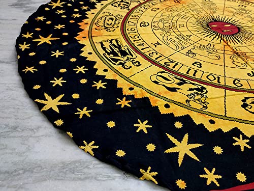 Round Beach Tapestry Mandala Boho Hippie Blanket Indian Cotton Bohemian Large Table Cloth Home Decor Yoga Mat Meditation Picnic Rug Throw Hippy Gypsy Tablecloth Roundie 42 Inches Yellow ZODIAC - color: Yellow Black, size: 42"L x 42"W