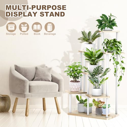 7 Tier Plant Stand Indoor, Thickened Metal Wood Corner Plant Shelf Stands for Multiple Plants, Indoor Tall Plants Stand Tiered Flower Holder for Living Room Patio Garden Balcony(White+Oak) - color: White+Oak, size: 7 Tier