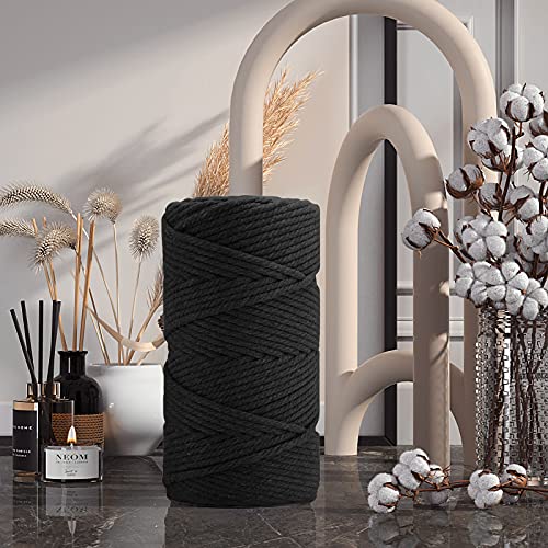 Macrame Cotton Cord 5mm x 109 Yards, ZUEXT 100% Natural Handmade Colorful 4 Strands Twisted Braided Cotton Rope for Wall Hanging Plant Hangers Gift Wrapping Tapestry DIY Crafts(100m, Black) - color: Black, style: 5mm x 100m