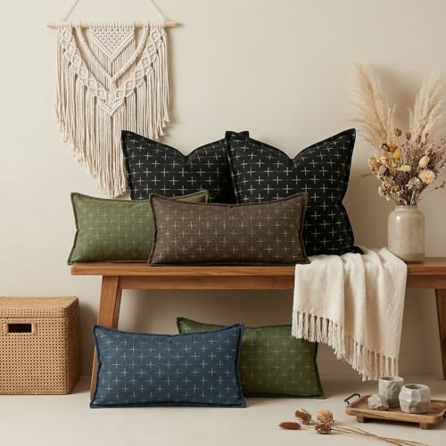 AVOIN colorlife Pack of 2 Decorative Throw Pillow Covers 24x24 Inch, Flange Edges Woven Textured Cushion Case Home Decor for Couch Sofa Bed Living Room Black - color: Black, size: 24" x 24" (Pack of 2)