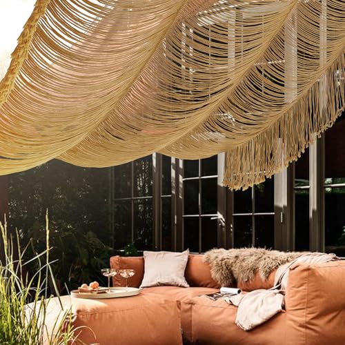 Macrame Curtain Boho Curtain Doorway Window Wall Decor Fiber Yarn Art Handwoven Wall Hanging Art Craftsmanship Home Door Bedroom Wedding Backdrop Arch,Closet Room Divider 59" W x 75" H (1 Panel,Khaki) - color: Khaki