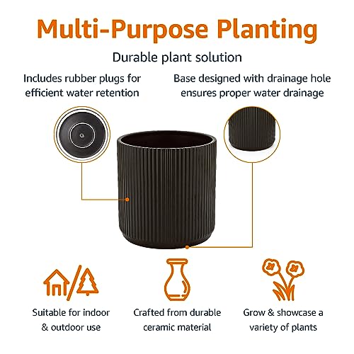 Amazon Basics Fluted Ceramic Planter Pot for Indoor Outdoor Plants, Round Flower Pot with Drainage Hole, 8-inch, Black - color: Black, size: 8-Inch