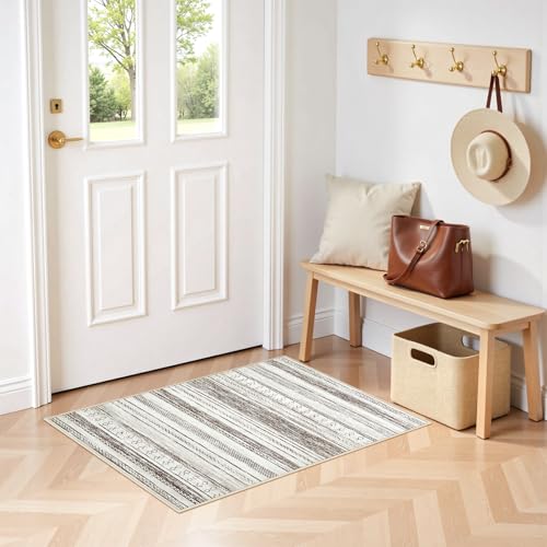 Tortania Area Rug Living Room Rugs - 2x3 Washable Soft Neutral Boho Moroccan Farmhouse Mat Indoor Floor Carpet for Bedroom Under Dining Table Home Office Decor - Cream Brown - color: Cream/Brown, size: 2' x 3' (Rectangular)