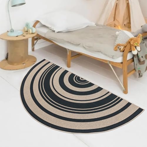 Easy Jute Rug 2.6x5Ft Half Round Rainbow Carpet for Farmhouse Bedroom Entrance, Non-Slip Half Circle Thin Neutral Floor Mat for Living Room Patio Kids Room Kitchen, Indoor Outdoor, Black 1 - color: Black 1, size: 2.6'x5'