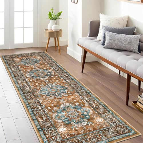 Pauwer Boho Hallway Runner Rug 2x6 Washable Entryway Area Rugs Non Slip Farmhouse Vintage Floor Mat Carpet Runner for Hallways Laundry Room Kitchen Bathroom Bedroom - color: Vintage Rust Teal, size: 2' x 6' (Runner)