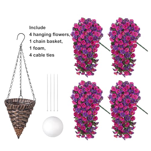 Artificial Fake Flowers Plants Hanging Baskets for Outdoor Outside, Faux Silk Hanging Dark Purple and Fuchsia Morning Glory Trailing Vines UV Resistant Look Real for Porch Patio Home Decoration - color: Dark Purple+fuchsia