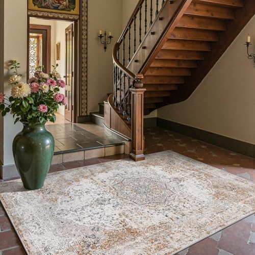 jinchan Area Rug 5x7 Washable Living Room Rug Vintage Traditional Distressed Lightweight Thin Retro Indoor Floor Cover Non Slip Floral Carpet for Bedroom Dining Room Bathroom Kitchen Office Taupe - color: Vintage Taupe, size: 5' x 7' (Rectangular)