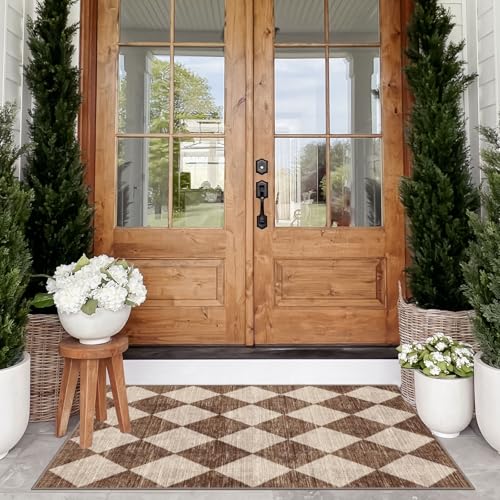 Checkered Entryway Rug - 28" x 43" Small Front Door Mat Indoor Outside Entrance Non-Slip Washable Outdoor Mat Rustic Brown Beige Modern Farmhouse Rug for Entryway Kitchen Bedroom Porch Decor - color: Diamond - Brown Beige, size: 2'4" x 3'7" (Rectangular)