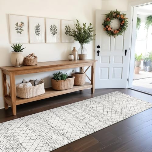 Hallway Runner Rug Washable 2'6"x8': Moroccan Non Slip Runner Rugs Soft Indoor Floor Carpet Low Pile Mat with Rubber Backing for Living Room Kitchen Bedroom 2'6"x8' Geo Grey - color: Geo Grey, size: 2'6" x 8' (Rectangular)