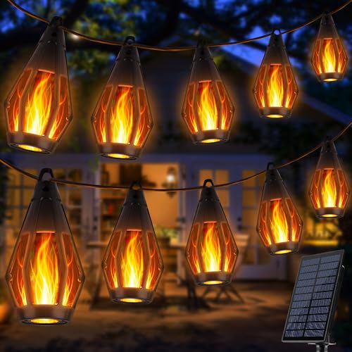 iBaycon Solar Flame Lights, 42Ft 15 LED Bulbs Flickering Flame String Light, Outdoor Waterproof Solar Flame Lights for Garden Yard Lawn Patio Decorations (Warm White) - color: Warm White, size: 42FT