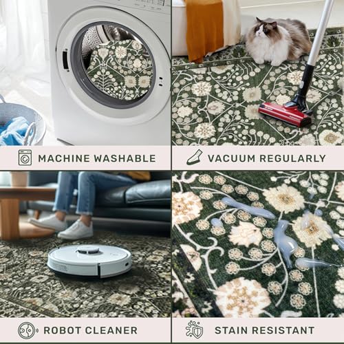 2x10 Washable Runner Rug for Hallways: Non Slip Boho Floral 2'x10' Long Botanical Rugs for Kitchen,Laundry,Bedroom - Indoor Green Rugs Soft Low Pile Carpet Runners with Rubber Backing - color: Green, size: 2' x 10' (Rectangular)