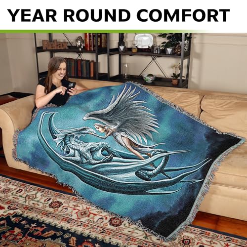 Pure Country Weavers Silverback Dragon with Angel Woven Blanket by Anne Stokes - Fantasy Gift Cotton Tapestry Throw - Made in The USA - 72" x 54" - color: Silverback, size: 72" x 54"