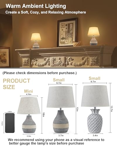 UMEXUS 10” Small Ceramic Cordless Table Lamp with Timer, Dimmer, Linen Shade, Remote Control, Rechargeable Battery Light for Patio Nightstand Kitchen Counter Living Room Side Table, Bulb Included - size: 10"H Mini - Rope accent design