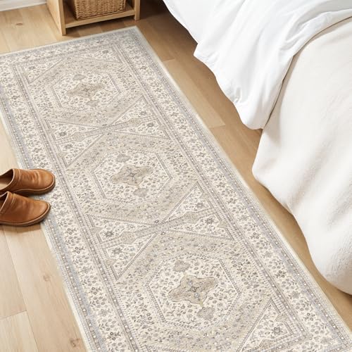 2x6 Runner Rug for Hallway Washable: Non Slip Kitchen Rugs with Rubber Backing Soft Waterproof Mats Stain Resistant Indoor Vintage Carpet Runner for Bedroom Bathroom Laundry Entryway Beige/Gray - color: Beige/Gray, size: 2' x 6' (Rectangular)