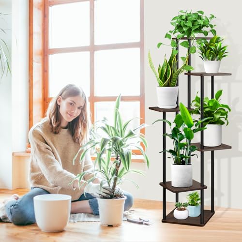 6 Tier Plant Stand Indoor, Thickened Metal Wood Corner Plant Shelf Stands for Multiple Plants, Indoor Tall Plants Stand Tiered Flower Holder for Living Room Patio Garden Balcony(Black+Oak) - color: Black+Oak, size: 6 Tier