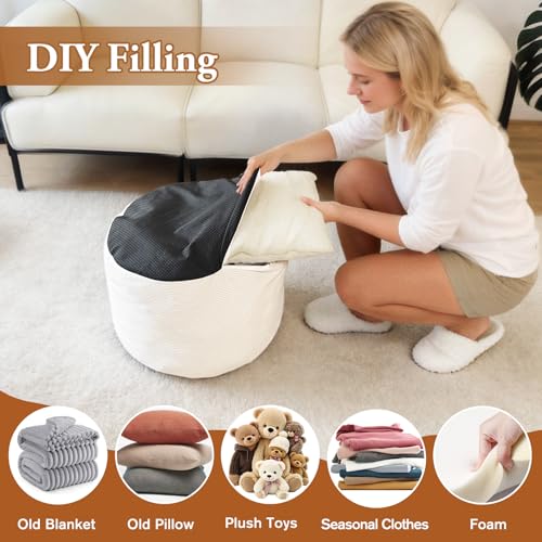 2PCS 20 * 20 * 12inch Unstuffed Ottoman Pouf Cover Unfillable Pouf Cover Foot Rest with Storage Corduroy Round Foot Stool Covers for Living Room Bedroom Home Decor,White - color: White