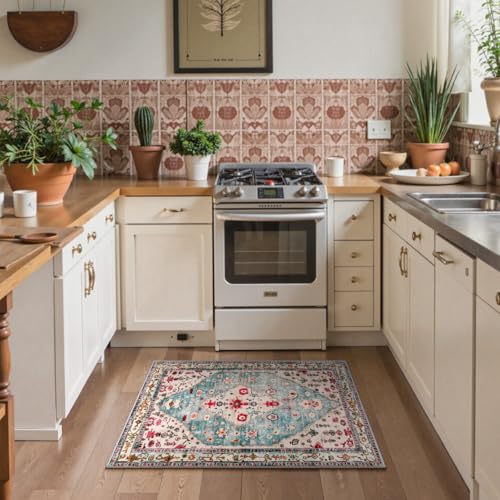 Lahome Felice Boho Tribal Area Rug - 2x3 Small Aqua Bath Rugs Kitchen Throw Mat, Soft Washable Non Slip Non Shedding Bohemian Bathroom Bedroom Carpet for Front Door Living Room Stove Chair - color: Aqua, size: 2' x 3' (Rectangular)