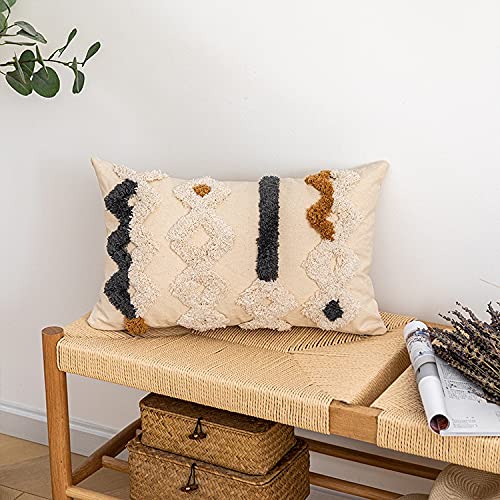 Beige Cream Boho Woven Tufted Lumbar Pillow Cover,Morocco Gray Brown Geometric Stripes Textured Indian Tribal Decorative Pillowcase,Farmhouse Cushion Cover for Bedroom Living Room Couch.12x20 Inch - color: D