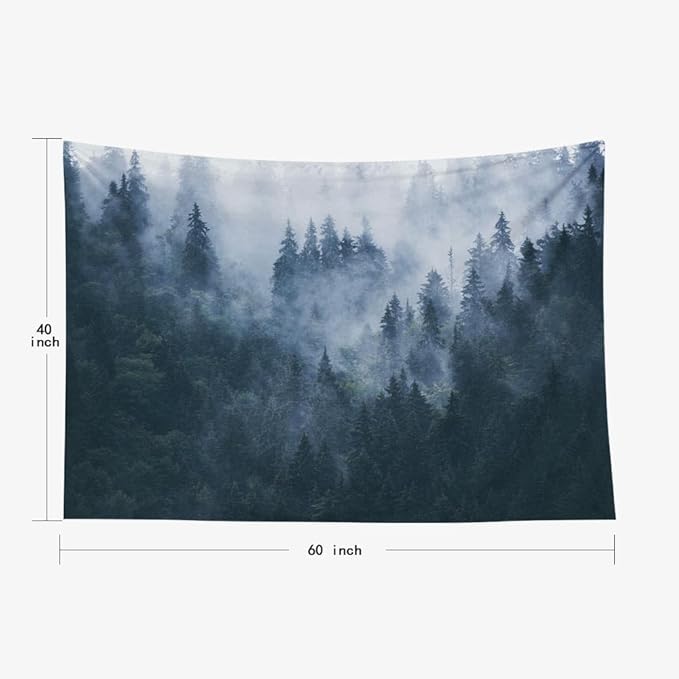 EMMTEEY Forest Tapestry Wall Hanging Wall Art Tapestry Misty Foggy Mountain Landscape with Fir Small Tapestry 60X40 Tapestry for Bedroom Living Room