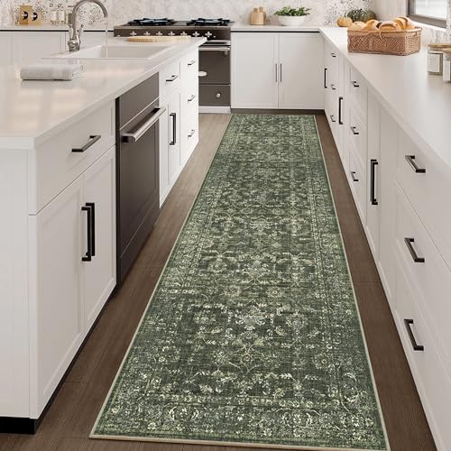 2.6x10 Green Runner Rug Hallway Washable Area Rugs Kitchen Vintage Boho Non Slip Long Rug Floral Carpet Indoor Retro Soft Low Pile Throw Rug for Bedroom Bathroom Laundry Dining Living Room Office - color: Dark Green, size: 2.6' x 10' (Runner)