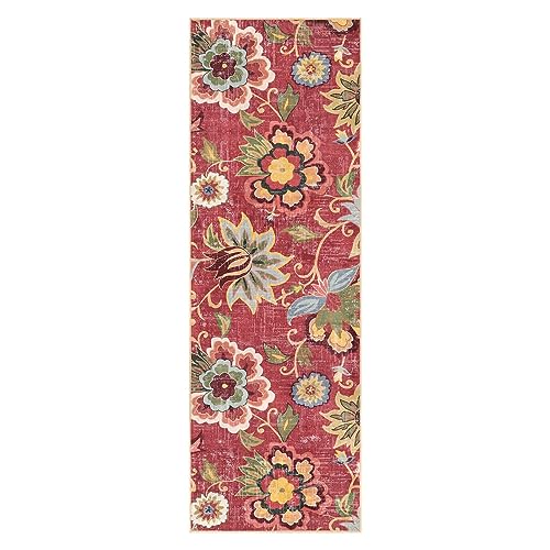 Beeiva Floral Washable Runner Rug 2x6, Red Christmas Runners Rug for Hallway with Rubber Backing, Ultra Thin Vintage Non Skid Washable Carpet for Bedroom Entrway Laundry Room - color: Red, size: 2' x 6' (Rectangular)