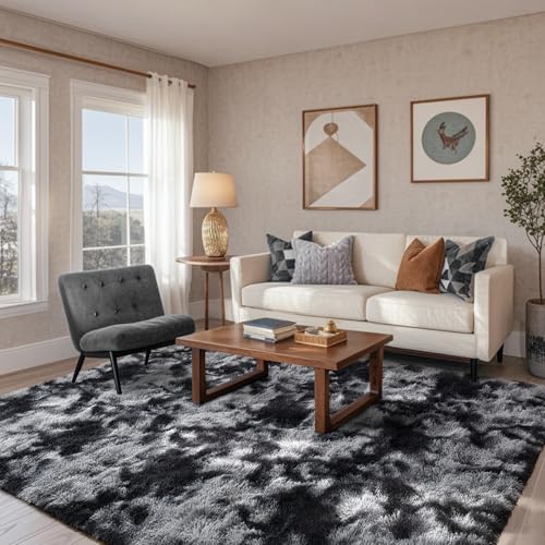Black Grey Rugs for Bedroom Fluffy 4x6 Area Rug, Super Fuzzy Fur Living Room Carpet for Boys Dorm Office Nursery Modern Home Decor - color: A-tie-dye Darkgrey, size: 4' X 6' (Rectangular)