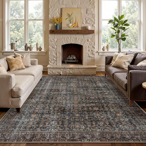 Collive Washable Area Rug 8x10, Antique Distressed Rugs for Living Room, Vintage 8x10 Non Slip Farmhouse Modern Bedroom Carpet Stain Resistant Print Accent Floor Mat for Dining Office - Brick - color: Antique, size: 8' x 10' (Rectangular)