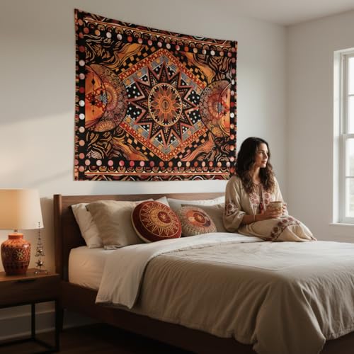Fowocu Orange Sun and Moon Tapestry Wall Hanging, Indie Hippie Mandala Cool Wall Tapestries, Aesthetic Tapestry for Bedroom Living Room Dorm (Orange, 36'' × 48'') - color: Orange, size: 48"L x 36"W