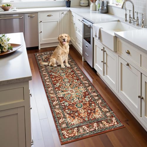 U'Artlines 2' x 5' Boho Hallway Runner Rug, Non Slip Washable Vintage Farmhouse Accent Area Rug Carpet for Kitchen Entryway Laundry and Living Room (Rust＆Teal) - color: Rust＆teal, size: 2' x 5' (Runner)