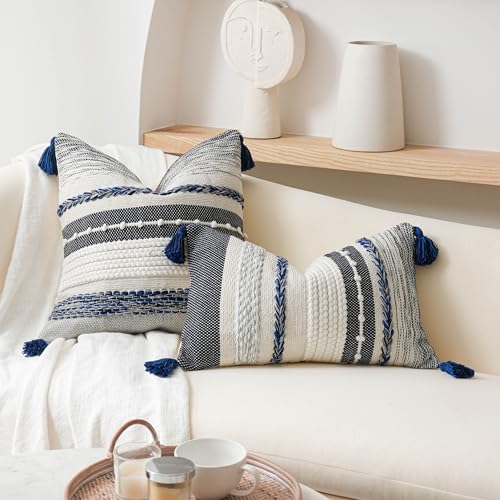 BlissBlush Navy Dark Blue Decorative Throw Pillow Cover 18x18 Square Boho Accent Pillowcase Tassels Farmhouse Cushion for Couch Sofa Bedroom Living Room Home Décor Cover ONLY - color: Dark Blue, size: 18" x 18" (Pack of 1)