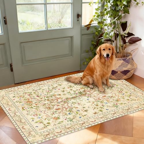 Entryway Rug 2x3 Washable, Non-Slip Small Area Rug, Boho Floral Botanical Low Pile Carpet for Front Door, Bathroom, Kitchen, Beige - color: Beige, size: 3' x 2' (Rectangular)