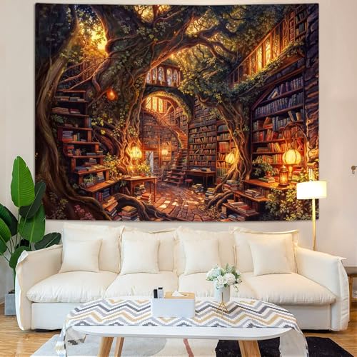 Accnicc Forest Library Tapestry Tree Bookshelf Tapestries Wall Hanging Vintage Fantasy Fairy Treehouse Book Large Tapestry for Bedroom Living Room Dorm Classroom 60 x 44 inch - color: Brown Gold, size: 60"L x 44"W