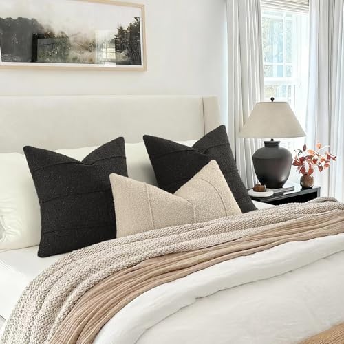 YCOLL Textured Boucle Throw Pillow Covers 18x18 Pack of 2 - Soft Neutral Striped Cushion Covers, Cozy Accent Decorative Pillow Covers for Couch, Sofa, Bed, Living Room (Black) - color: Black, size: 18" x 18" (Pack of 2)