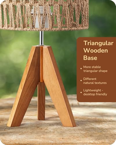 EDISHINE Small Table Lamp, Rattan Wood Tripod Bedside Lamp, Boho Nightstand Lamp for Living Room, End Table, Office, E26 Base, Natural Style - style: W-shaped Wave