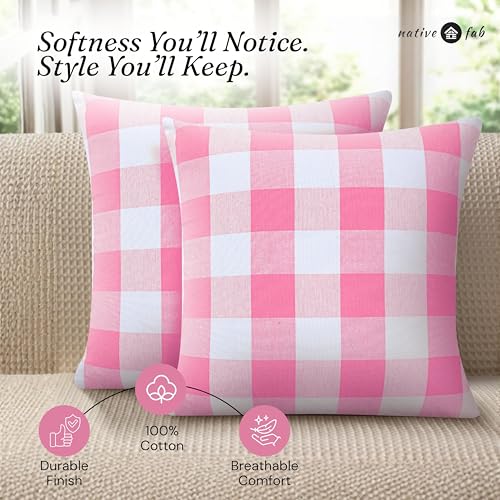 Native Fab Premium Throw Pillow Covers 2 Pack, 16x16 Inches, 100% Cotton, Charming Buffalo Check, Soft, Washable Cushion Cases, Farmhouse Decor for Valentines, Bridal Shower, Home, Rose Pink & White - color: Buffalo Rose Pink, size: 16" x 16" (Pack of 2)