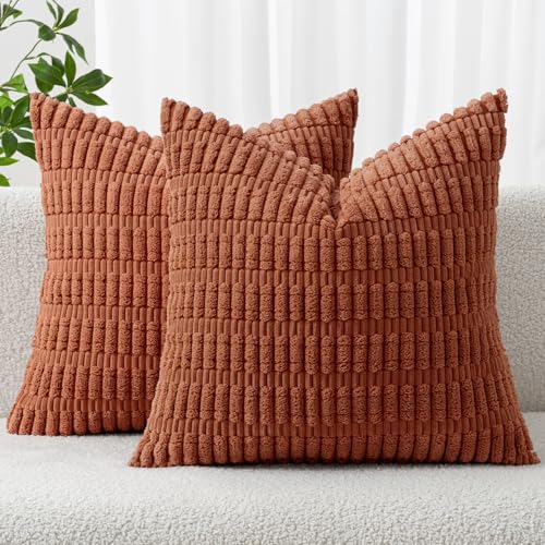 MIULEE Pack of 2 Dark Rust Corduroy Decorative Pillow Covers 12x12 Inch Soft Boho Striped Throw Pillow Covers Modern Farmhouse Home Decor for Summer Sofa Living Room Couch Bed - color: Dark Rust, size: 12" x 12" (Pack of 2)
