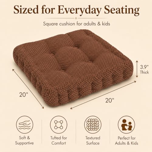 ChezMax Floor Pillow & Cushion, Large Meditation Chair Cushion, Thick Square Seat Pad, Soft Velvet Tufted Seating Pouf for Indoor/Outdoor Yoga Bench Rocking Chair Room Tatami Sofa, Coffee 20"x20" - color: Coffee L