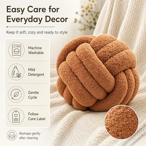 Petrella Caramel Knot Pillow Ball, Handmade Soft Lambswool Round Throw Pillow for Chair, Couch and Warm Room Decor, Small Decorative Pillows, Knotted Accent Cushion, 8 Inch - color: Caramel, size: 8inch