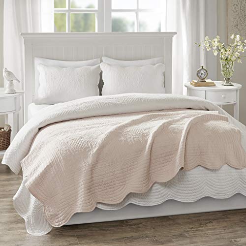 Madison Park Luxe Quilted Throw Blanket - Damask Stitching Design, Cotton Filled Spread, Ultra Soft, Cozy Bedding for Living Room Couch, Sofa, Bed, 60x72", Scalloped Borders Blush - color: Scalloped Edges Blush, size: 60"x72"