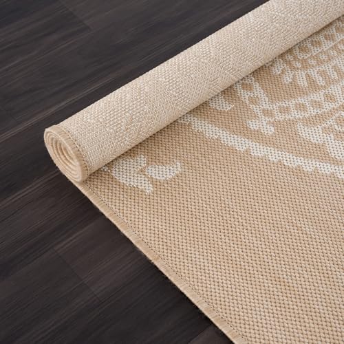 CAMILSON Outdoor Rug 5x7 Modern Area Rugs for Indoor and Outdoor Patios and Porches - Waterproof, Washable, Non-Shedding, Easy-to-Clean Outside Carpet (5 x 7, Medallion - Beige/White) - color: Medallion - Beige / White, size: 5' x 7' (Rectangular)