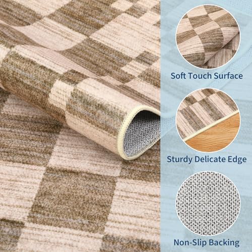 GarveeHome Brown Checkered Rug 6×9 Area Rugs for Living Room,Non-Slip Geometric Tan Brown Print Washable Rug Soft Low-Pile,Neutral Modern Checkerboard Farmhouse Rugs for Bedroom Dining Room - color: Brown, size: 6' x 9' (Rectangular)