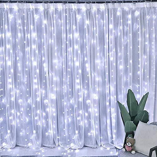 Dazzle Bright Curtain String Lights, 300 LED 9.8ft x 9.8ft 8 Lighting Modes Fairy Lights USB Powered, Waterproof Lights for Christmas Party Wedding Outdoor Indoor Wall Decorations (White) - color: White