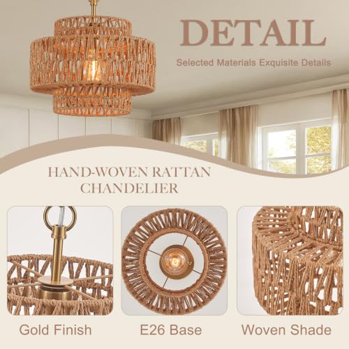 12.6" Rattan Pendant Light, Hand-Woven Boho Farmhouse Hanging Light Fixture, Mini Drum Wicker Rattan Chandelier for Kitchen Island, Bedroom, Dining Room, Entryway - color: Gold 12.6"