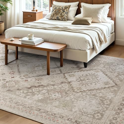 YOH Boho Washable Rug 4x6, Beige Grey Vintage Non Slip Area Rug, Distressed Indoor Carpet for Living Room Bedroom Kitchen Office - color: C-beige Grey, size: 4' x 6' (Rectangular)