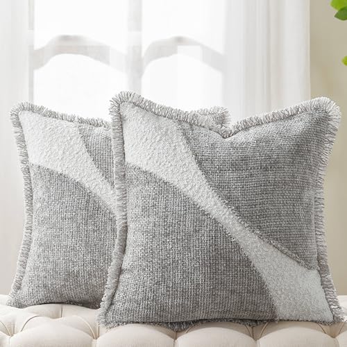 Decorative Boucle Fringe Throw Pillow Covers Set of 2, 18x18 Inch Design Couch Throw Pillows for Sofa Bed Living Room Decor (Light Grey, 18"X18" (Pack of 2)) - color: Light Grey